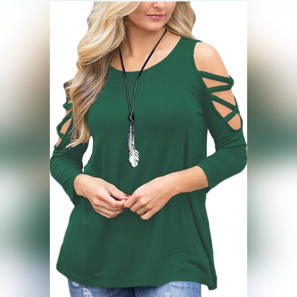 Luouse Green Cold Shoulder 3/4 Sleeve Top - Medium
